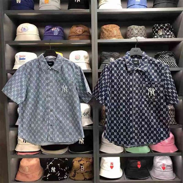 

casual dresses mlb men and women lovers korea fashion brand old flower allover printed ny jeans shirt short sleeve summer half d601, Black;gray