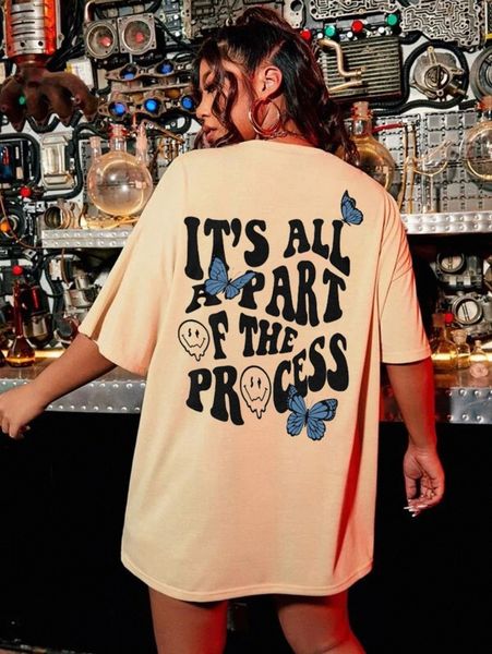 

plus slogan & butterfly print drop shoulder oversized tee g7z7#, Black