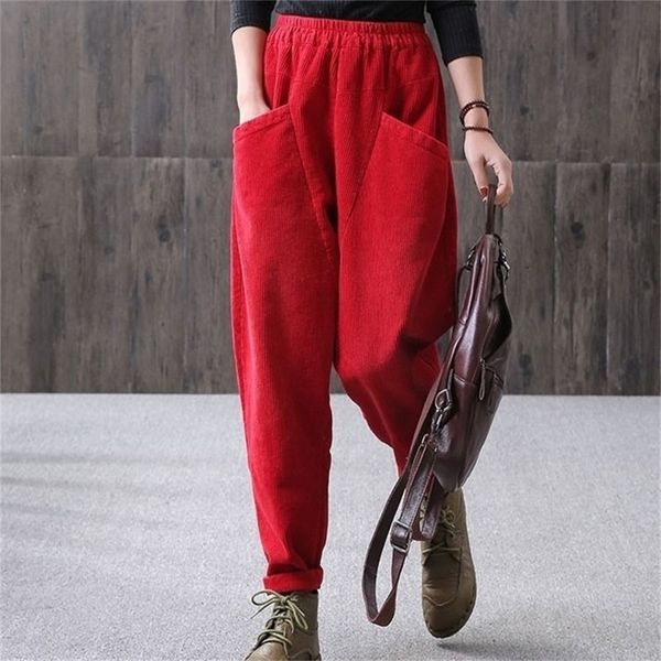 

women coudery harem pants autumn winter casual coudery thick warm trousers with fleece inside big pocket female long pants 201113, Black;white