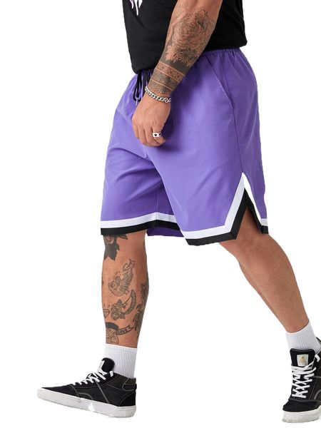 

extended sizes men contrast trim drawstring waist shorts x5hq#, White;black