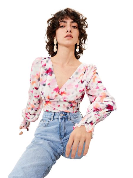 

shirred cuff buttoned front tie dye 727q#, White