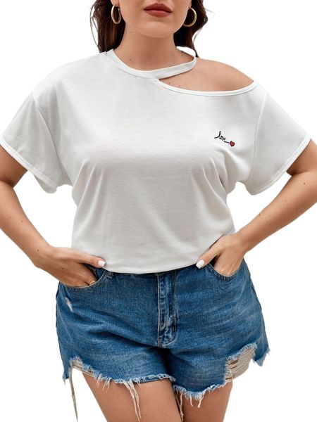 

plus heart & letter graphic asymmetrical neck tee e0hs#, Black