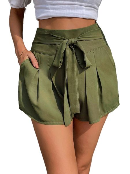 

slant pockets fold pleated detail knot front shorts v54r#, White;black