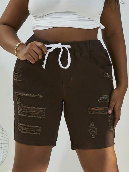 

sxy plus drawstring waist ripped denim shorts e0oc#, White;black
