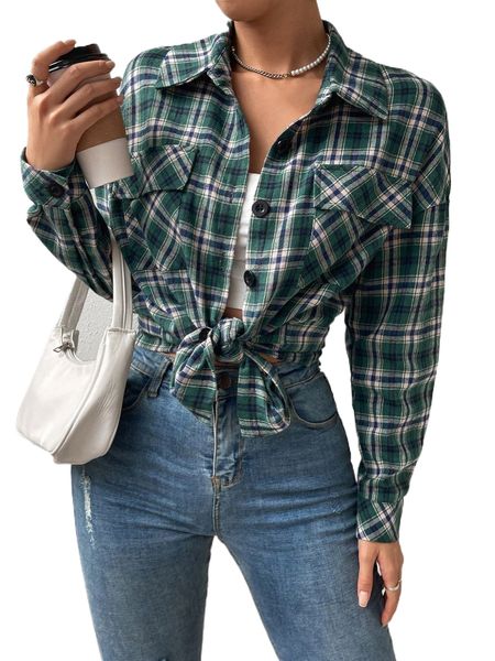 

plaid flap pocket drop shoulder coat s1df#, Black