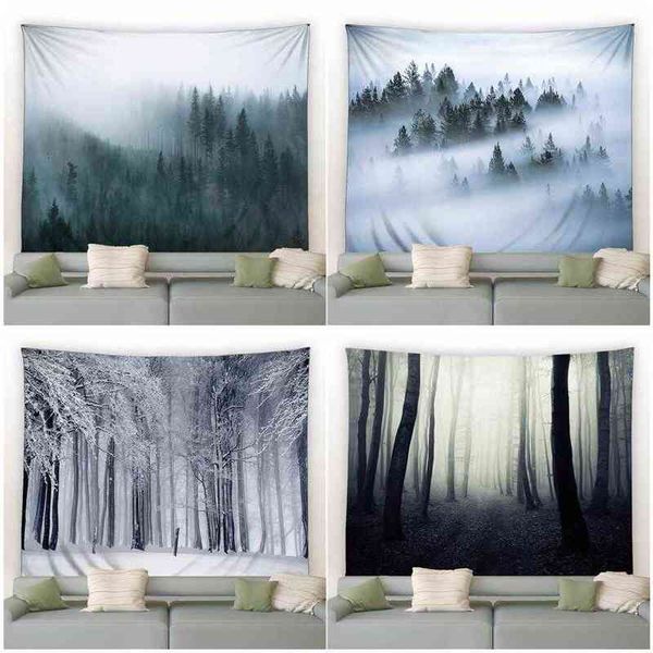 Tapestry nevoeiro floresta tapeçaria de inverno neve árvores plantas rurais paisagem natureza wa