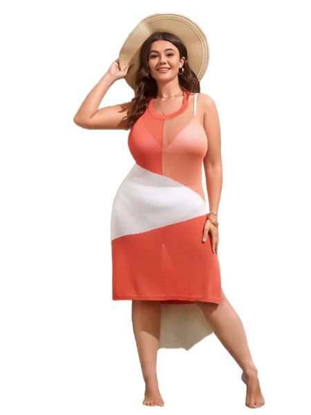 

plus colorblock split hem cover up dress without bikini r5a5#, Black