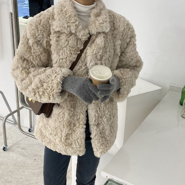 

apricot wool jacket women winter short plush coat lapel solid color thickened fleece jacket young girl faux coat t220716, Black