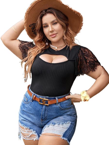 

plus cut out eyelash lace panel tee j7l8#, Black