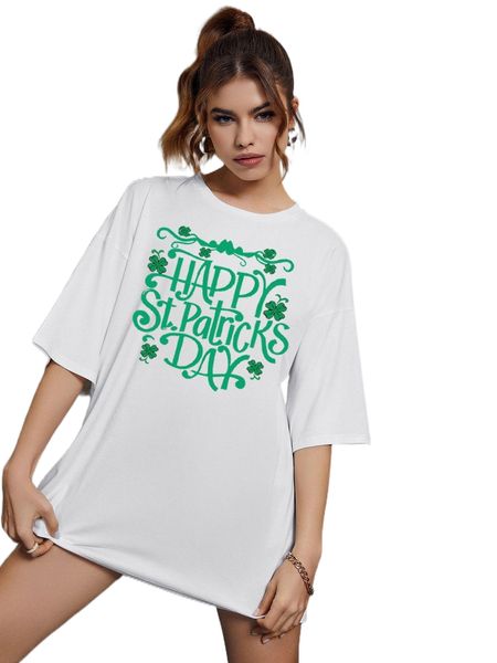 

four-leaf clover & slogan graphic drop shoulder tee a362#, White