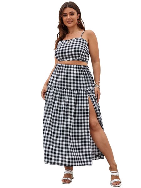 

plus gingham shirred cami & ruffle split thigh skirt 62vr#, Black