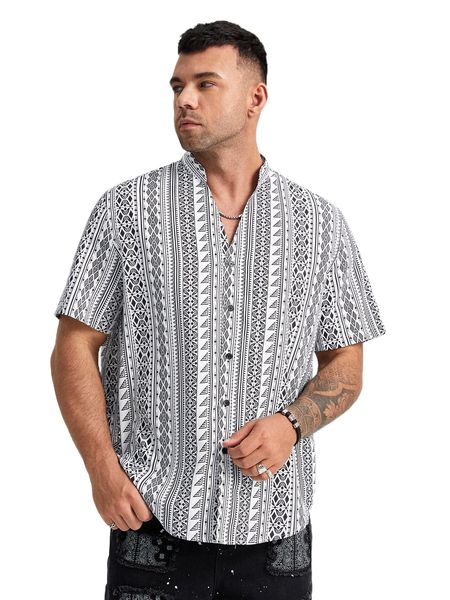 

extended sizes men geo print shirt k2x7#, White;black