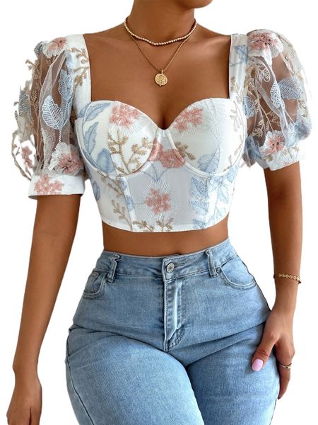 

floral embroidery lace up backless puff sleeve blouse q29m#, White