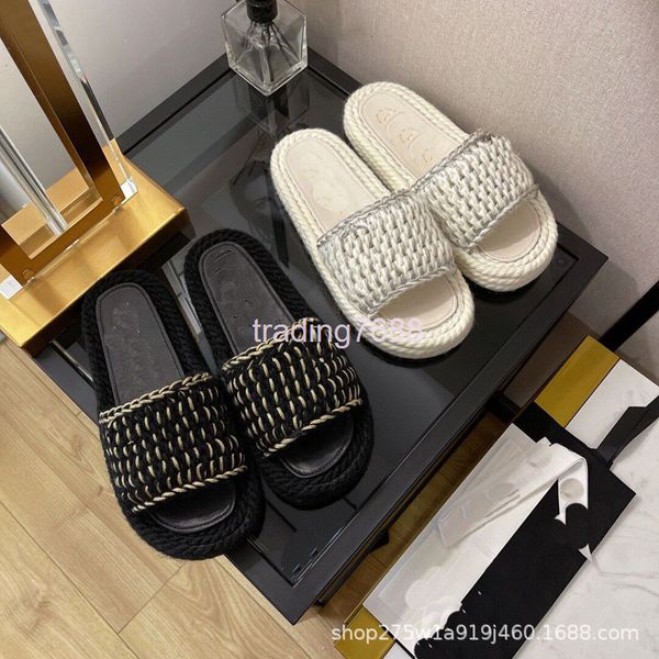 

slippers spring and summer style small fragrance one line slippers fashion cashmere wool casual fashionable temperament thick bottom beach, Black