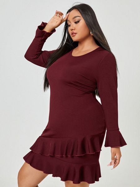 

plus flounce sleeve ruffle hem bodycon dress y55o#, Black