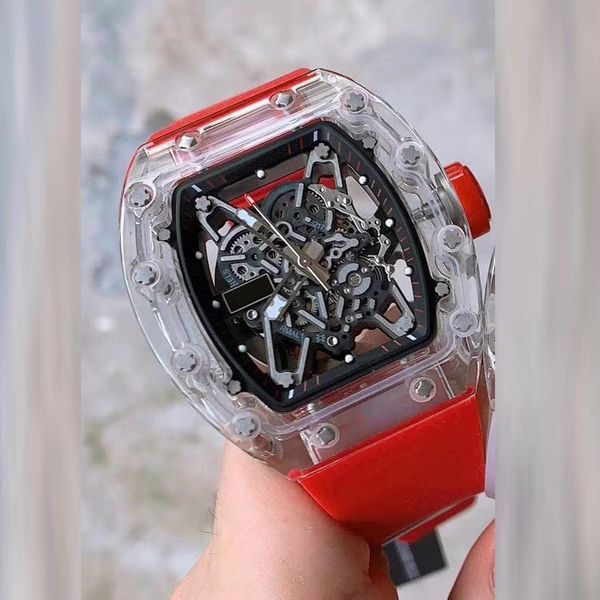 

4 colours mens white skeleton transparent watches 42mm size luxury red rubber strap automatic self-winding glide smooth second hand wristwat, Slivery;brown
