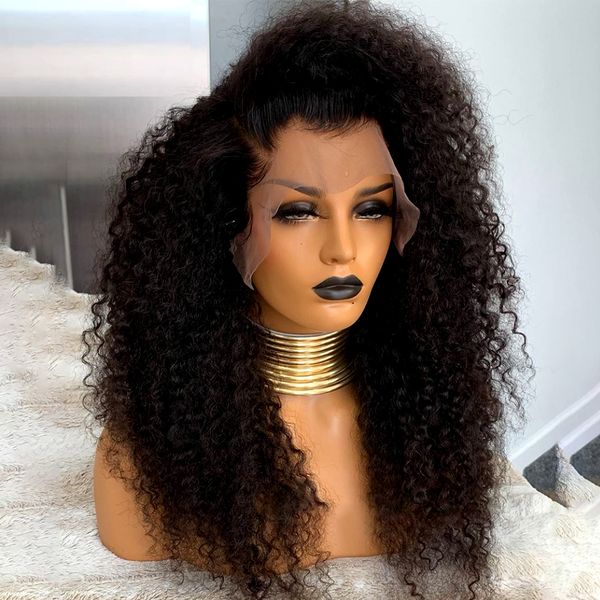 

180density glueless black color kinky curly lace front wig for women bundles with baby hair heat resistant fiber soft daily wear 26inch long, Black;brown