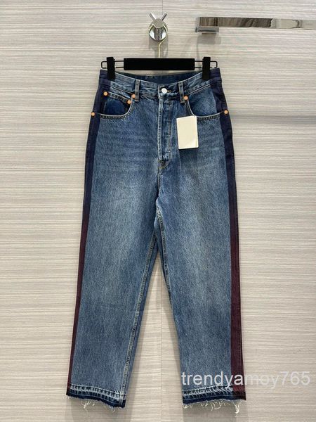 

women's jeans gradient stitching straight jeans are versatile, with a high waist and thin fur fringe casual pants, high-end in spring a, Blue