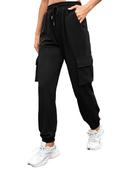 

flap pocket side drawstring cargoÂ pants z1ey#, Black;white