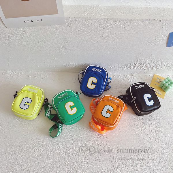 

children sports handbags boys girls letter printed straps one-shoulder bags fashion kids candy color pu leather crossbody bag q6814, Black