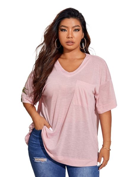 

plus drop shoulder high low split hem tee e8rz#, Black
