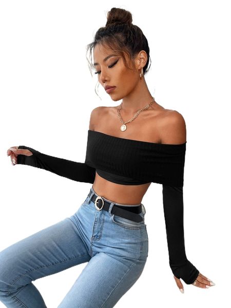 

fold over off shoulder thumb holes crop t6mo#, White