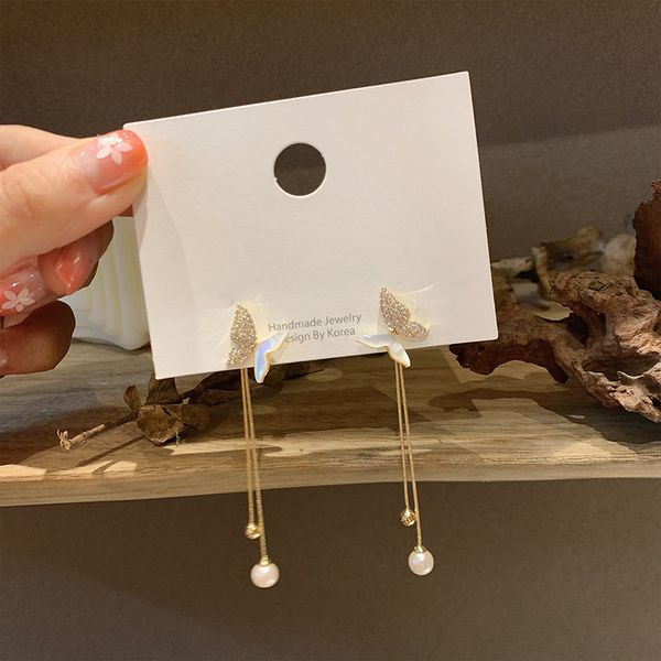 

925 silver needle korean fashion new pearl diamond shell butterfly earrings long earrings super fairy design eardrop, Golden