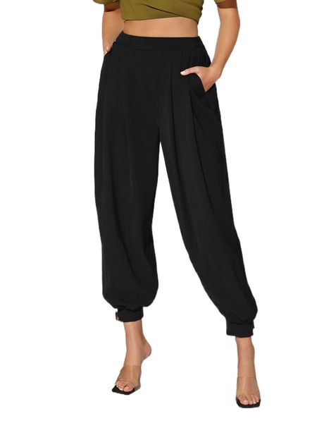 

slant pockets button hem pants h8mz#, Black;white