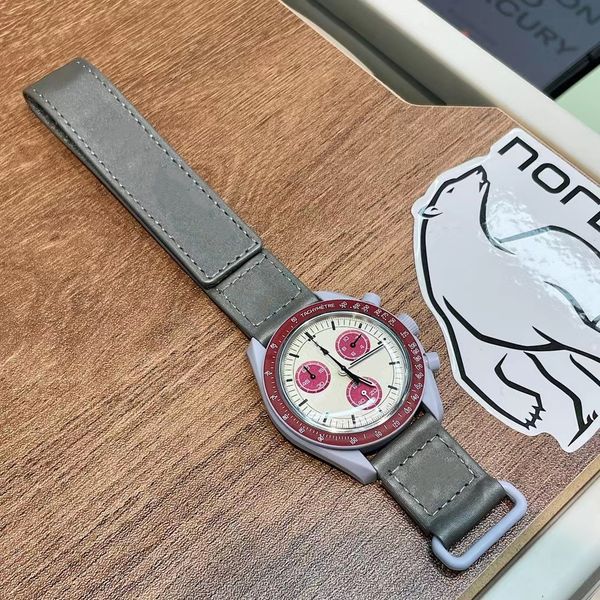 

bioceramic moonswatch swiss quqrtz chronograph mens watch so33g100 mission to earth 42mm real green ceramic blue dial nylon strap with box s, Slivery;brown