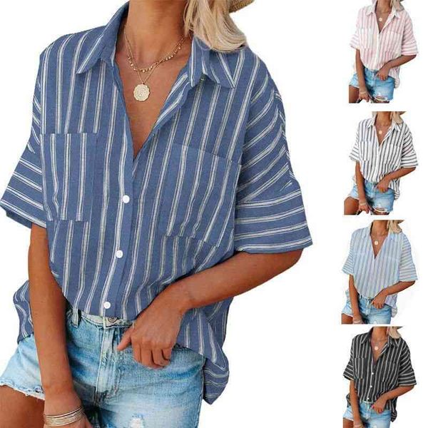 

women's blouses & shirts spring / summer 5-sleeve striped shirt women's loose single breasted awzv, White