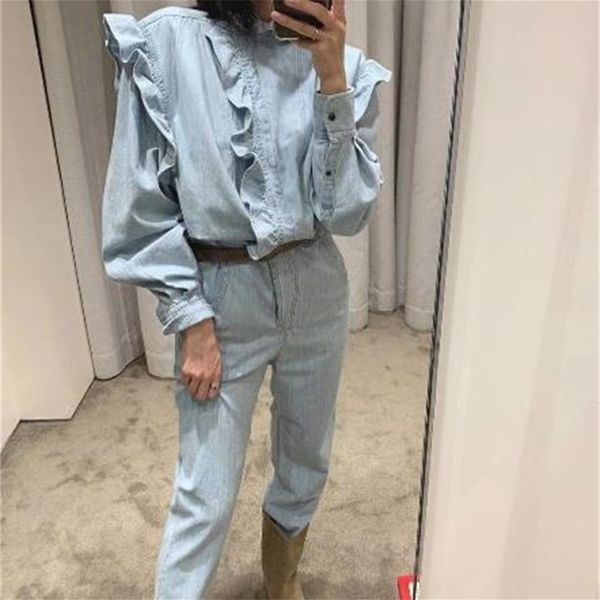 

washed denim light blue jumpsuit ruffled neck long sleeves buttoned cuffs pockets fashion long pants 210326, Black;white