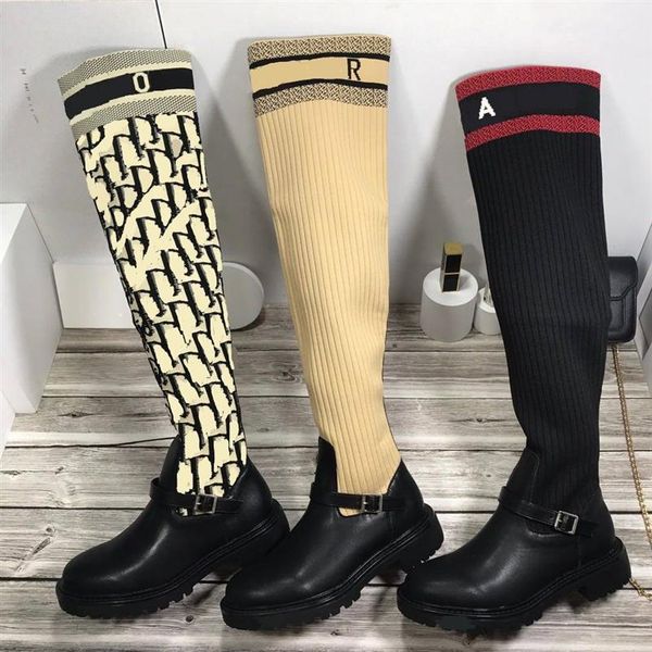 

2021 designer women knee boots letter embroidery shoes genuine leather alphabet printing boot round toes shoe wild winter fashion 236q, Black