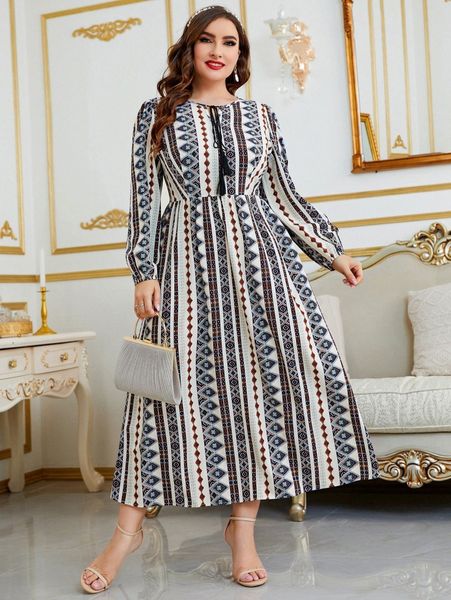 

plus geo print lantern sleeve tie neck dress 93bt#, Black