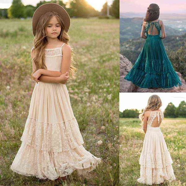 Prinzessin Kleid für Mädchen Kinder Hochzeit Brautjungfern Ballkleid Kinder Floral Spitze Langes Kleid Kleines Mädchen Party Prom Kleid Vestido G220518