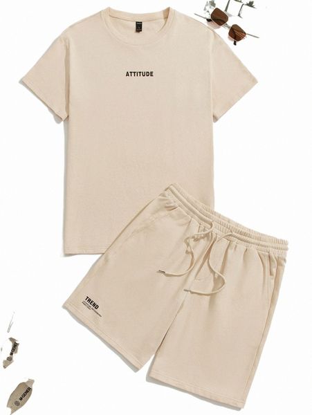 

men letter graphic tee & drawstring waist shorts o3th#, Gray