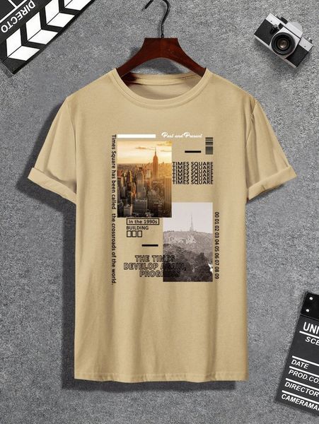 

extended sizes men building & slogan graphic tee f1l2#, White;black