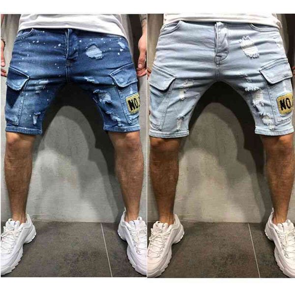 

men's jeans men's jeans hole slim fit shorts casual trend qgrm, Blue