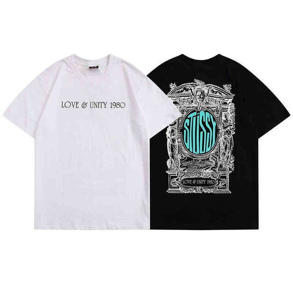 

2022 new stusy love and unity short sve men's and women's loose high street half sve couple round neck t-shirt, White;black
