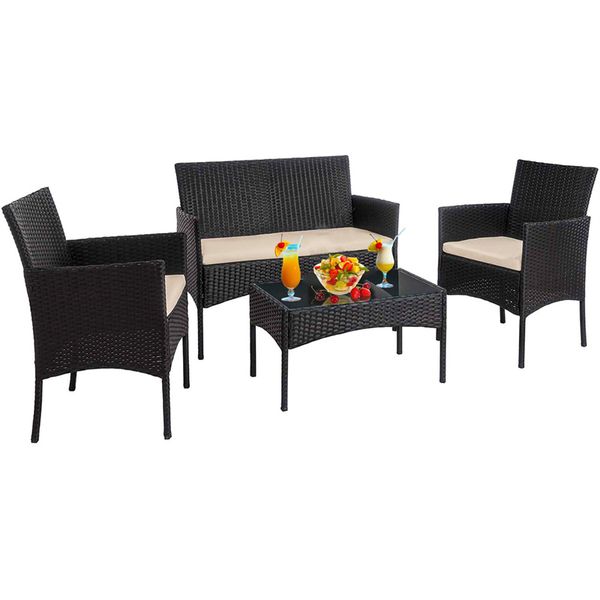 

4-piece outdoor patio rattan furniture set wicker chair sofa table with cushions
