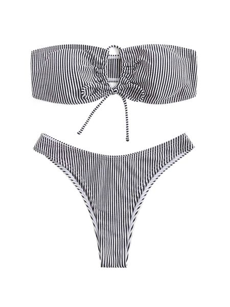 

striped drawstring high cut bandeau bikini swimsuit a7yw#, White;black