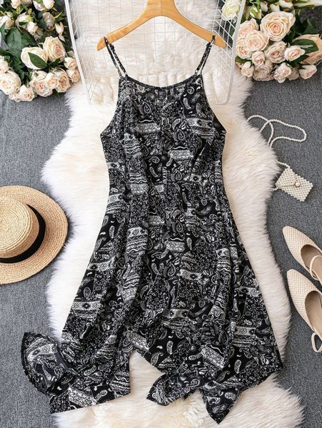 

plus paisley print asymmetrical hem cami dress 76fw#, Black
