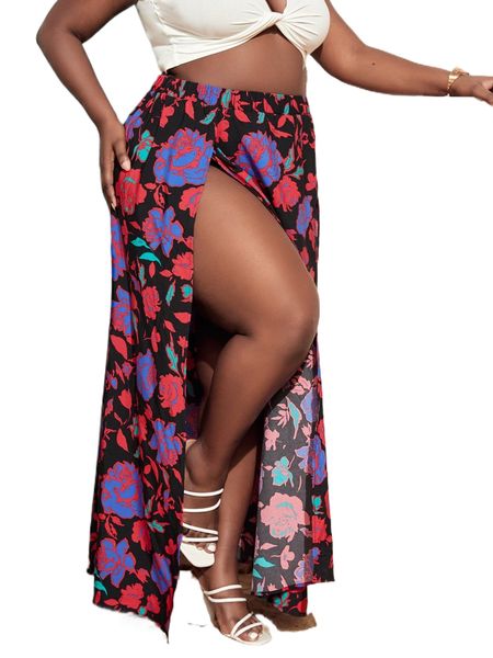 

sxy plus floral print wrap split thigh skirt x2i5#, Black