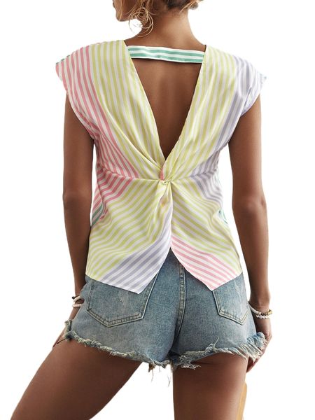 

striped twist back blouse 77vf#, White