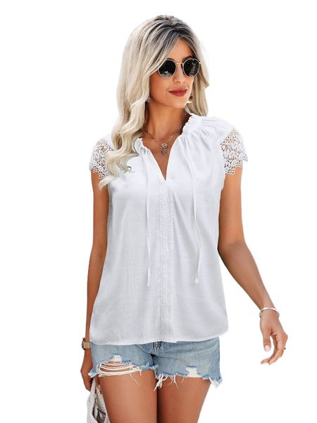 

guipure lace insert tie neck blouse z2sb#, White