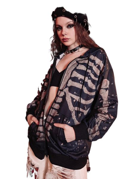 

romwe dark academia skeleton graphic zip up drawstring hoodie y9kl#, Black