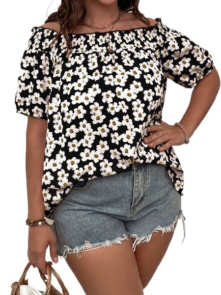 

plus allover floral print shirred off shoulder puff sleeve blouse h6v4#, Black