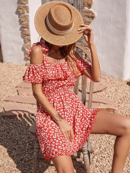 

floral print knotted cold shoulder ruffle trim dress g0lg#, Black;gray