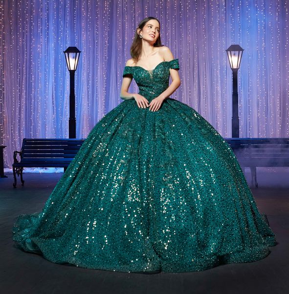 Dunkelgrüne, paillettenbesetzte Quinceanera-Kleider, schulterfrei, Sweet-16-Kleid, mit Applikationen, Ballkleid, Partykleidung, Abendkleider