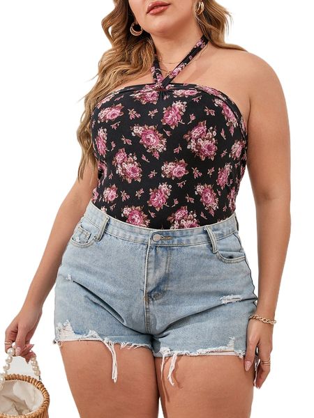 

plus allover floral print tie back halter 71jf#, Black