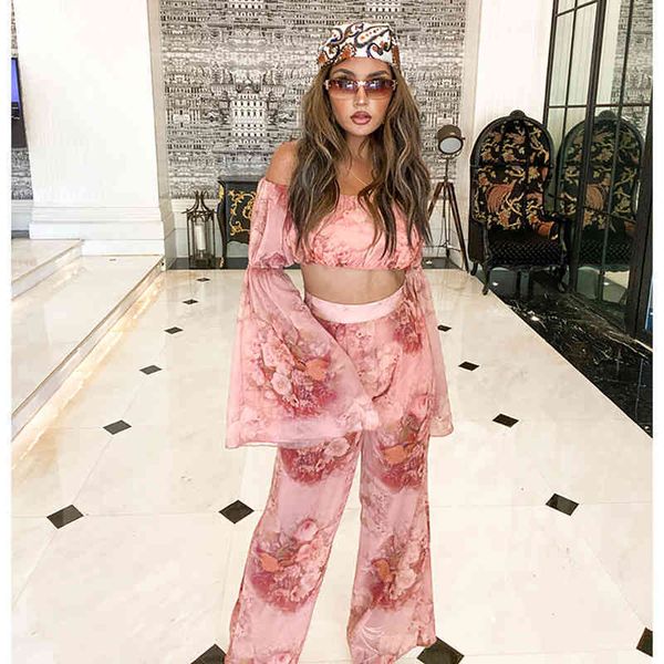 

women's two piece pants summer women's fashion suit chiffon printed off shoulder long sleeve jacket casual wide leg pants two-piec, White